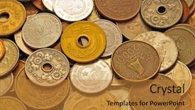  Presentation with debt management money - PPT layouts consisting of japan currency - asian money coins background background and a gold colored foreground