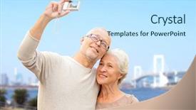  Presentation with tourism selfie - Colorful PPT theme enhanced with senior couple with camera taking backdrop and a sky blue colored foreground
