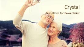  Presentation with senior asian - PPT theme enhanced with camera taking selfie over asian background and a cream colored foreground