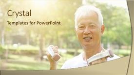  Presentation with old man - Audience pleasing slide set consisting of portrait of healthy gray hair asian old man doing weight training at outdoor park in morning backdrop and a lemonade colored foreground