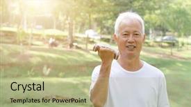  Presentation with old man - Presentation theme consisting of portrait of healthy gray hair asian old man workout at outdoor park in morning background and a mint green colored foreground