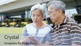  Presentation with japan - Presentation design consisting of japan life - retired couple using mobile phone background and a soft green colored foreground