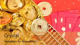  Presentation with chinese calligraphy - Colorful presentation theme enhanced with japan finance - chinese new year ornament--gold ingot backdrop and a gold colored foreground
