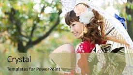  Presentation with kimono - Colorful PPT theme enhanced with japan geisha - beautiful japanese kimono woman backdrop and a mint green colored foreground