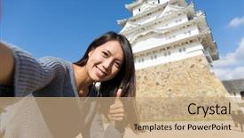  Presentation with take - Audience pleasing PPT layouts consisting of japan old - woman holding camera to take backdrop and a coral colored foreground
