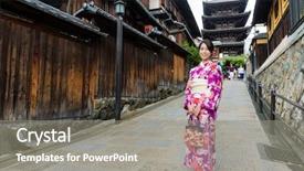  Presentation with kimono - PPT theme consisting of japan temple - young woman wearing kimono background and a gray colored foreground