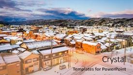  Presentation with japan naval - Audience pleasing PPT theme consisting of japan town skyline in winter backdrop and a coral colored foreground