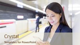  Presentation with train - PPT layouts with japan trains - businesswoman working on cellphone background and a cream colored foreground