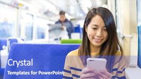  Presentation with mobile use - PPT theme featuring japan trains - woman use of mobile phone background and a cobalt blue colored foreground