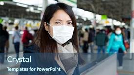  Presentation with face mask - PPT layouts featuring japan trains - woman wearing face mask background and a ocean colored foreground