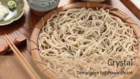 Presentation with japanese food - Slide set consisting of japan wine - cold soba buckwheat noodles served background and a coral colored foreground