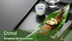  Presentation with japan sake - Audience pleasing PPT theme consisting of japan wine - komochi ayu no kanroni sweetfish backdrop and a tawny brown colored foreground