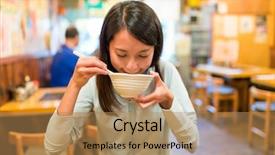  Presentation with japanese - Cool new slide deck with japan wine - woman eating soup in japanese backdrop and a coral colored foreground