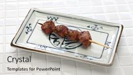  Presentation with chicken little chicks - Theme having japan wine - yakitori chicken gizzard japanese grilled background and a light gray colored foreground