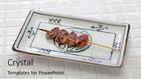  Presentation with grilled chicken - Amazing slide deck having japan wine - yakitori chicken heart japanese grilled backdrop and a light gray colored foreground
