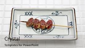  Presentation with grilled chicken - PPT theme consisting of japan wine - yakitori chicken heart japanese grilled background and a light gray colored foreground