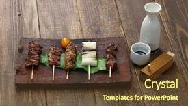  Presentation with grilled chicken - Theme featuring japan wine - yakitori japanese grilled chicken skewers background and a tawny brown colored foreground