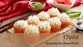  Presentation with soy sauce - Slides consisting of japanese - beautiful philadelphia sushi roll set background and a coral colored foreground