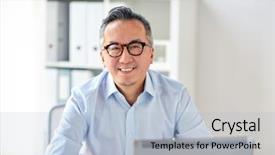  Presentation with eyeglasses - PPT theme enhanced with japanese - business people and technology concept background and a light blue colored foreground