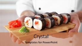  Presentation with sushi - Slide deck having japanese - sushi master holding wooden board background and a coral colored foreground