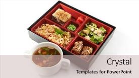  Presentation with lumpia spring rolls fried - PPT theme with japanese bento lunch with fried background and a mint green colored foreground