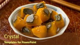  Presentation with sweet - Slide set having japanese-bowl-with-sweet-cooked background and a tawny brown colored foreground