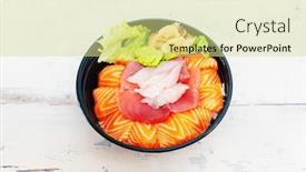  Presentation with tuna fish - Colorful presentation design enhanced with japanese-chirashi-made-with-assortment backdrop and a blonde colored foreground