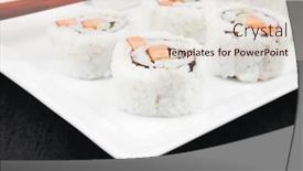  Presentation with deep - Slides consisting of japanese cuisine - california roll made of raw salmon cream cheese and deep fried vegetables inside with wasabi over black table background and a lemonade colored foreground