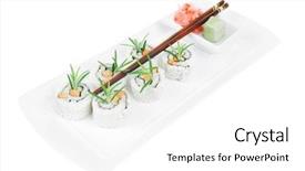  Presentation with fresh avocado - PPT theme enhanced with japanese cuisine - california roll made of fresh raw salmon cream cheese and avocado inside served with wasabi and ginger on long white plate isolated over white background background and a white colored foreground