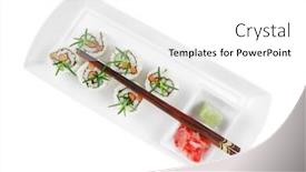  Presentation with fresh avocado - Beautiful slides featuring japanese cuisine - california roll made of fresh raw salmon cream cheese and avocado inside served with wasabi and ginger on long white plate isolated over white background backdrop and a white colored foreground