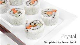  Presentation with cucumber cream - Cool new slide deck with japanese cuisine - california roll with cucumber cream cheese and raw salmon inside served with wasabi isolated over white background on square plate backdrop and a white colored foreground