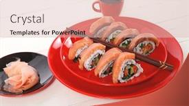  Presentation with white plate - Colorful slide deck enhanced with japanese-cuisine-onigiri-sashimi-inside backdrop and a lemonade colored foreground