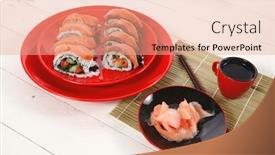  Presentation with white plate - PPT layouts enhanced with japanese-cuisine-onigiri-sashimi-inside background and a coral colored foreground