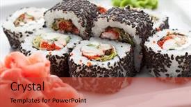  Presentation with roll - Audience pleasing PPT theme consisting of japanese cuisine - sushi roll with shrimps eel salad leaf cream cheese and tobiko inside sesame outside backdrop and a red colored foreground