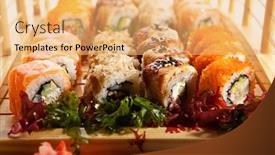  Presentation with wood bridge - PPT layouts having japanese cuisine - sushi set background and a yellow colored foreground