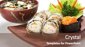  Presentation with salmon spicy - Audience pleasing slides consisting of japanese cuisine -tempura maki sushi deep fried roll made of smoked eel crab meat and cream cheese inside with spicy salmon sake gunkan sushi and miso soup seaweed mushrooms and tofu cheese backdrop and a tawny brown colored foreground