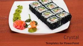  Presentation with sushi - Amazing presentation design having japanese-cuisine-tobico-sushi-rolls backdrop and a red colored foreground