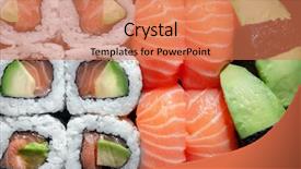  Presentation with set of sushi salmon - PPT theme having japanese curry - salmon sushi rolles close up background and a coral colored foreground