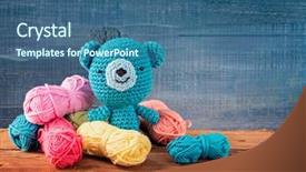  Presentation with clay toys - Presentation design with japanese doll - amigurumi toys on a wooden background and a ocean colored foreground