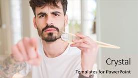  Presentation with asian chopsticks - Cool new presentation design with japanese energy - young man eating asian sushi backdrop and a lemonade colored foreground