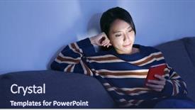  Presentation with look - Slide set with japanese film - woman look at cellphone background and a navy blue colored foreground