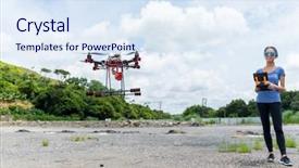  Presentation with drone technology delivery flying - Audience pleasing PPT theme consisting of japanese film - young woman control drone flying backdrop and a sky blue colored foreground