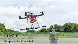  Presentation with fly - Beautiful presentation design featuring japanese film - young woman fly with drone backdrop and a seafoam green colored foreground