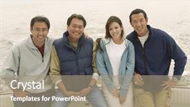  Presentation with fishing boats - Beautiful presentation theme featuring japanese fishing boats - portrait of happy friends backdrop and a  colored foreground