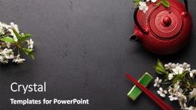  Presentation with teapot - PPT theme having japanese-food-background-with-cherry background and a dark gray colored foreground