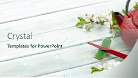  Presentation with teapot - Audience pleasing theme consisting of japanese-food-background-with-cherry backdrop and a sky blue colored foreground