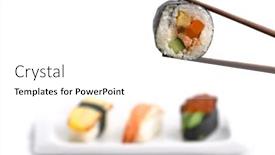  Presentation with japanese food - Presentation theme consisting of japanese food delicious futomaki big roll hold with chopsticks and selection of three nigiri shushes isolated on white background background and a white colored foreground