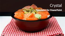  Presentation with japanese food - Presentation design consisting of japanese food mix sashimi chirashi rice bowl background and a wine colored foreground