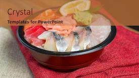  Presentation with japanese food - PPT layouts having japanese-food-mix-sashimi-chirashi background and a coral colored foreground
