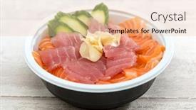  Presentation with japanese food - Amazing PPT theme having japanese food mix sashimi chirashi rice bowl backdrop and a lemonade colored foreground